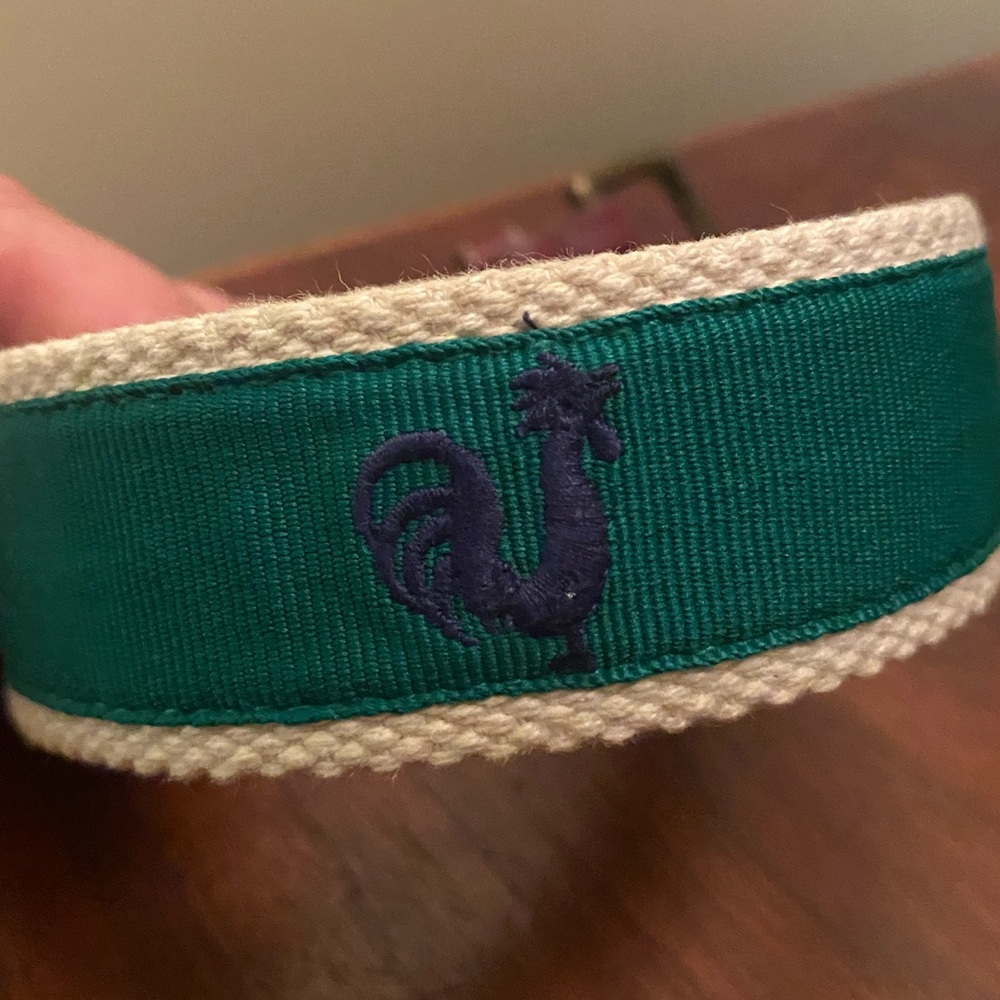 J.Crew Men’s Blue Rooster embroidered ribbon overlay adjustable belt | 36